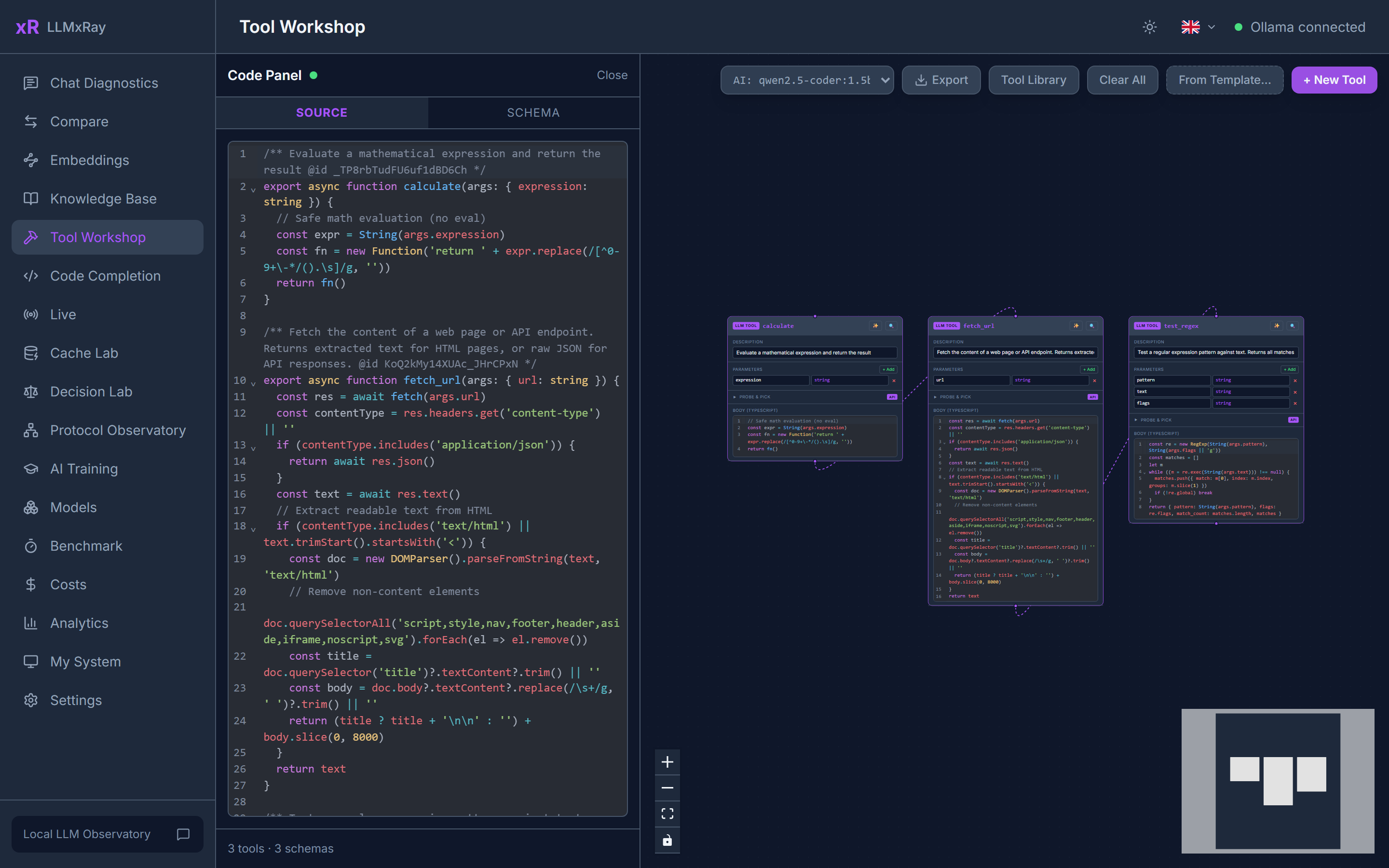 Tool Workshop: node canvas with the code panel open
