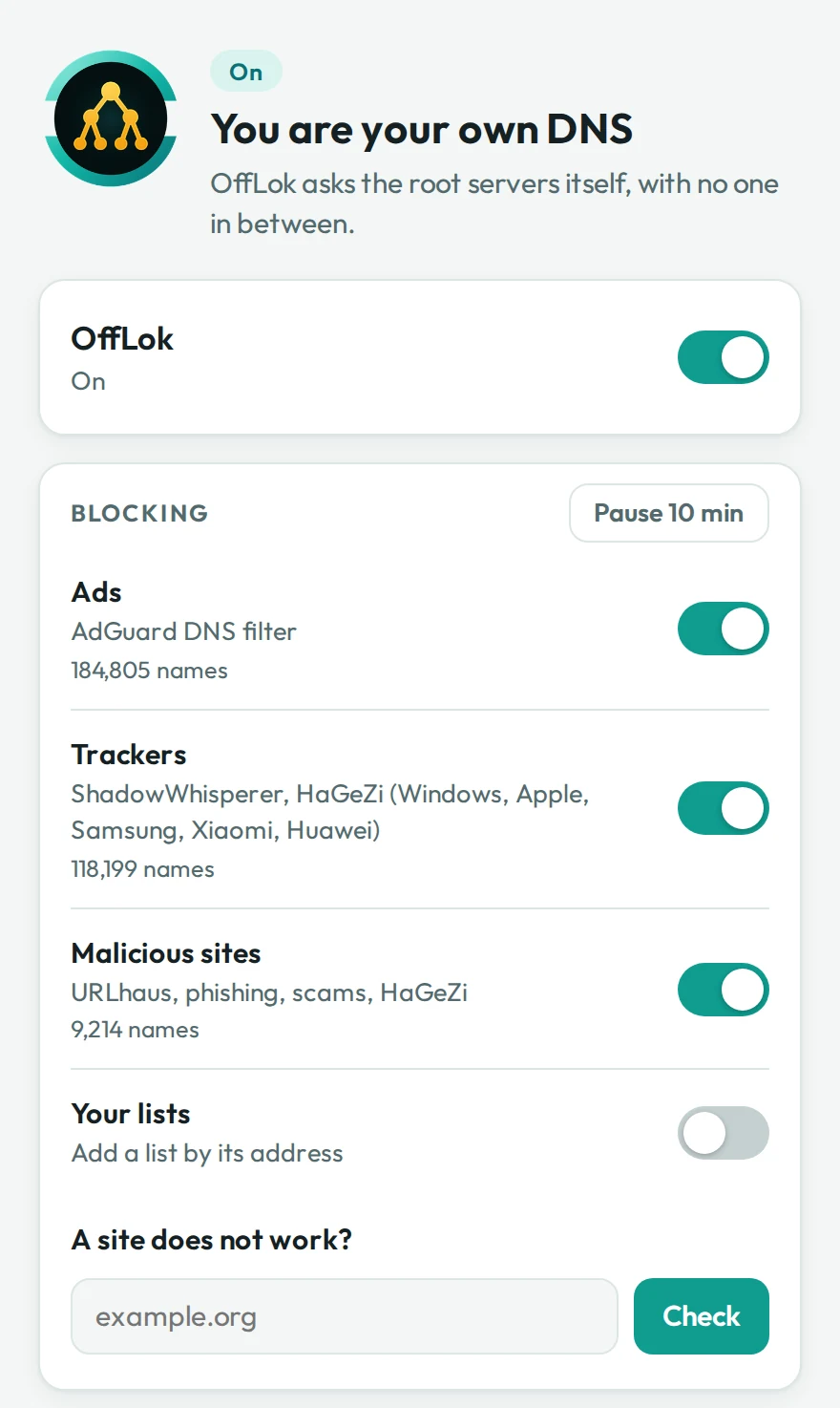 OffLok's window: You are your own DNS, the main switch, and blocking of ads, trackers and malicious sites