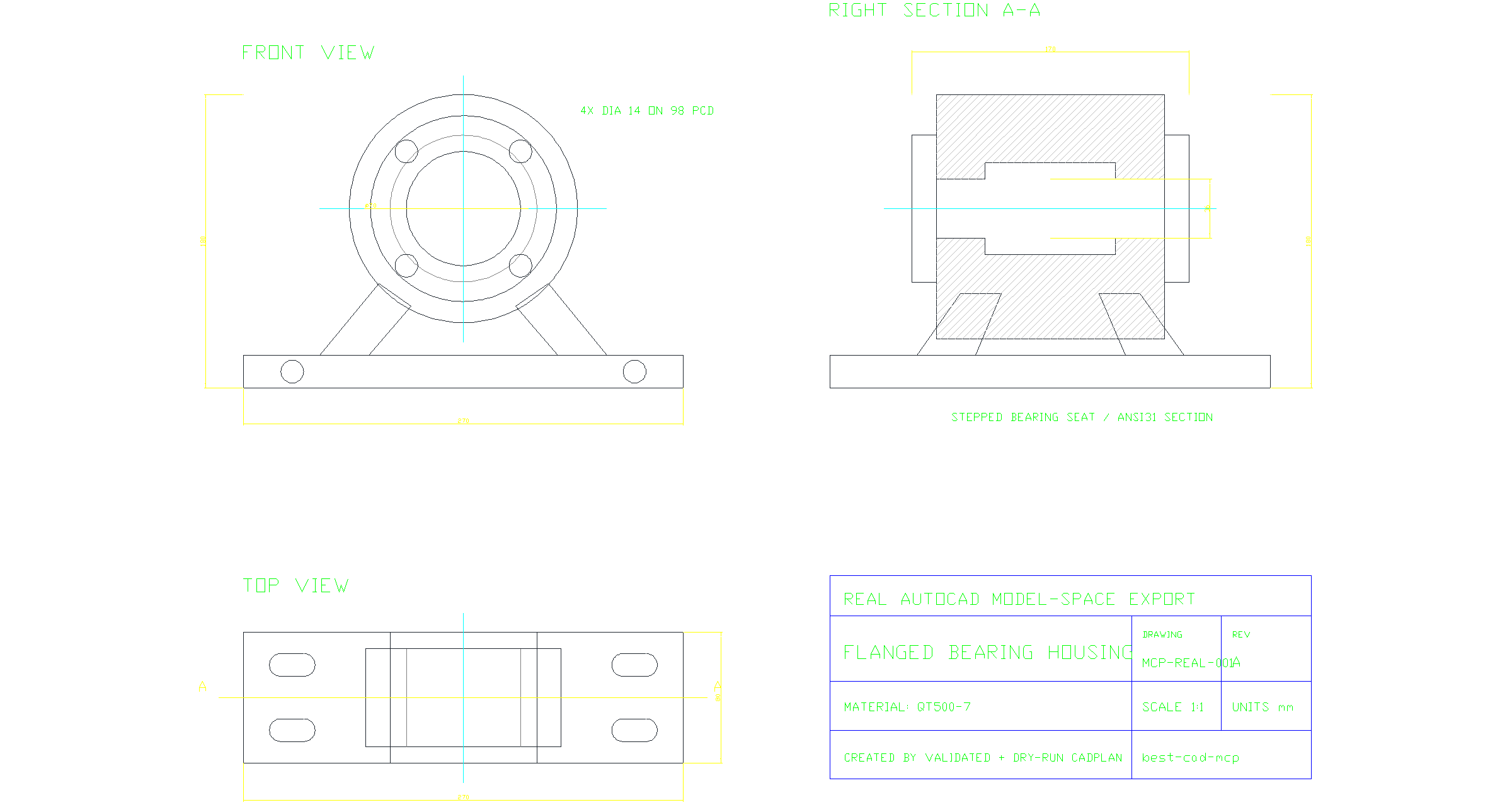 Real AutoCAD three-view drawing of a flanged bearing housing