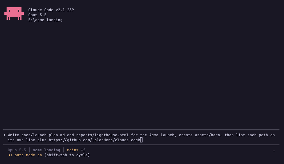 The status line while Claude works: model, directory, branch with churn and the context bar; the count beside the file icon climbs as the reply writes files and names a folder and a link