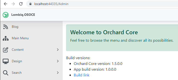 Screenshot of Build Version Display on the Orchard Core dashboard