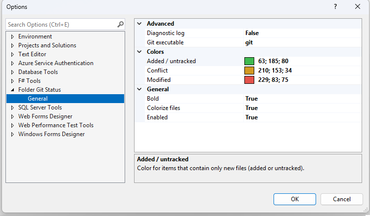 Folder Git Status options page