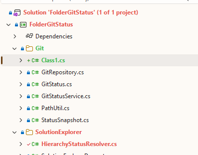 Solution Explorer with changed folders and files colored