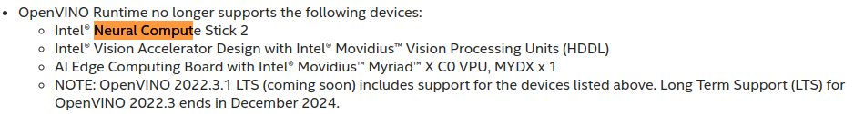 OpenVINO Runtime no longer supports Intel NCS2 and Movidius Myriad