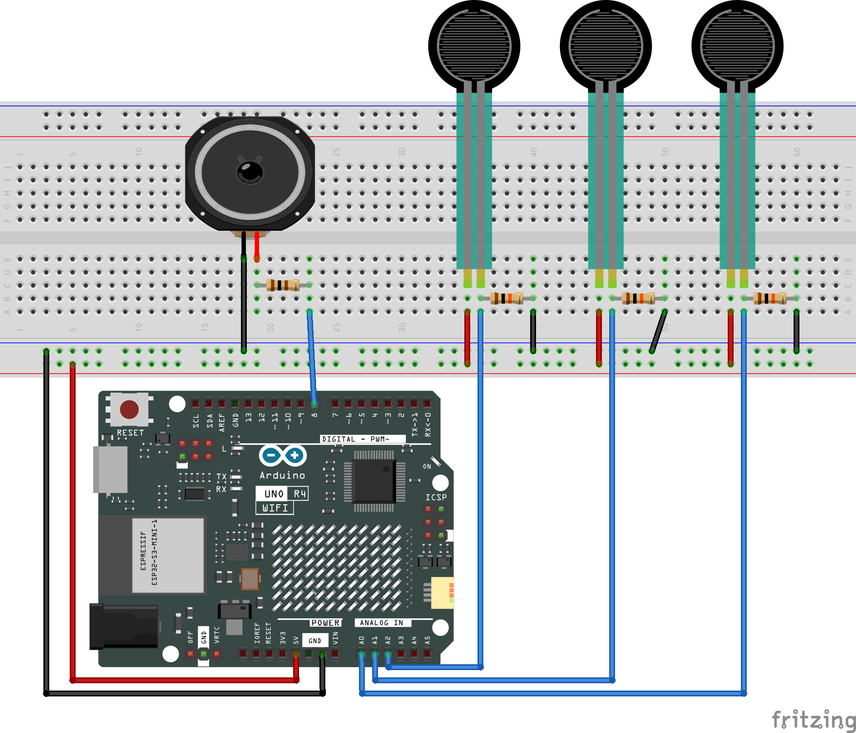 Fritzing Circuit Arduino UNO R4 WiFi tone Keyboard