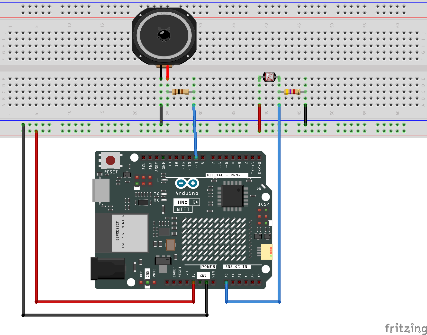 Fritzing Circuit Arduino UNO R4 WiFi tone Pitch Follower