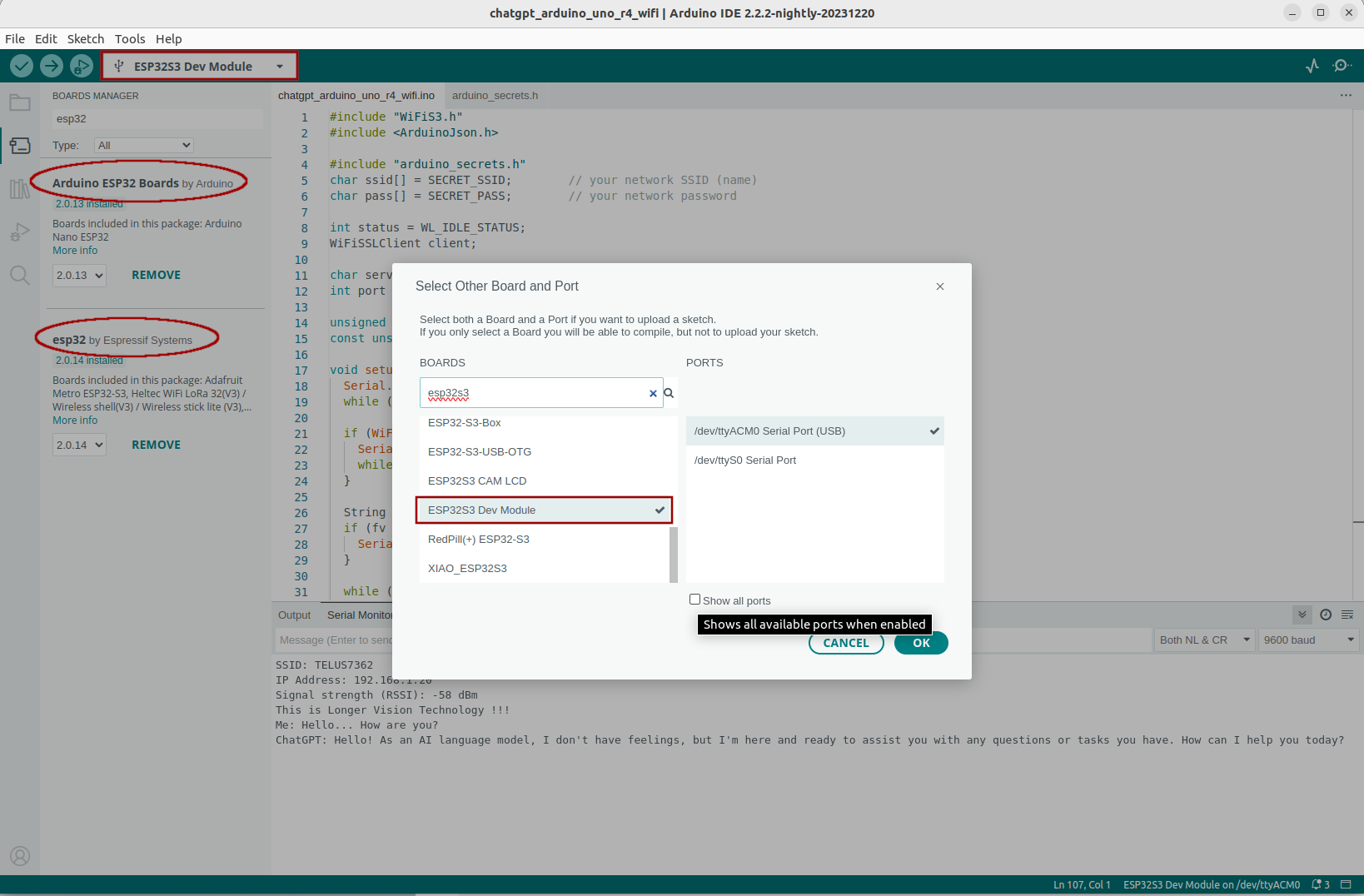 Arduino IDE ESP32S3 Dev Module