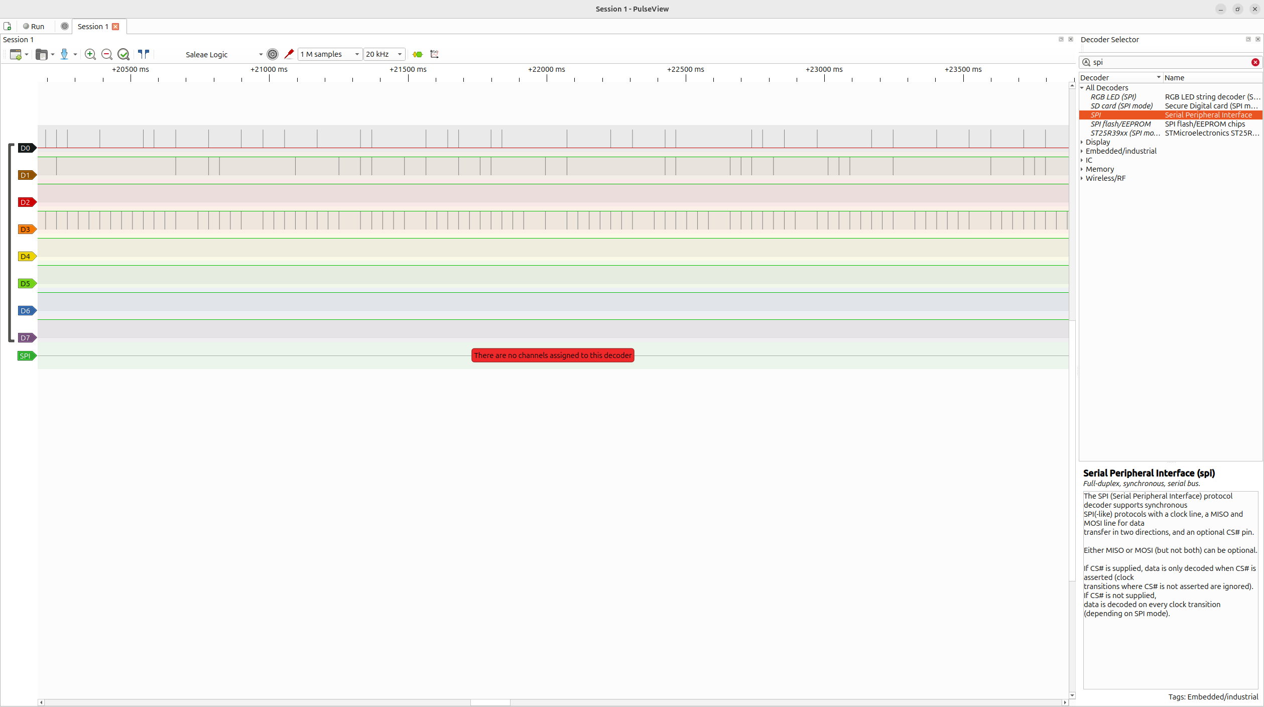 SPI Signal Analysis GUI - PulseView Adding SPI Decoder