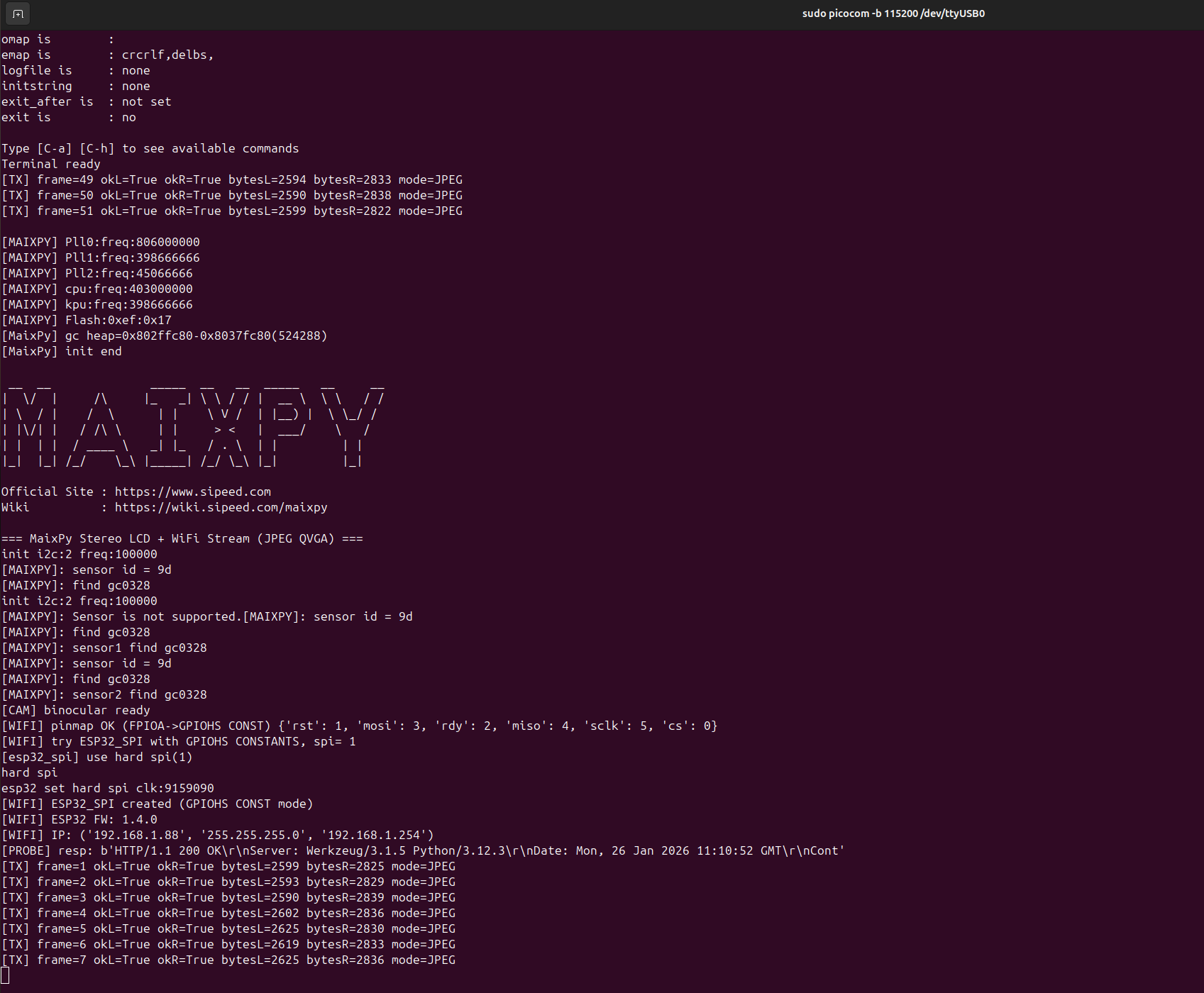 MaixPy-v1 REPL MaixDuino WiFi Successful