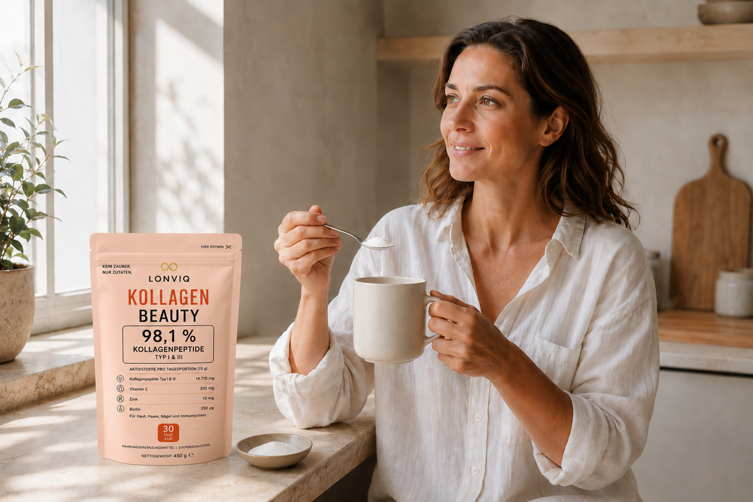 Woman preparing LONVIQ collagen drink