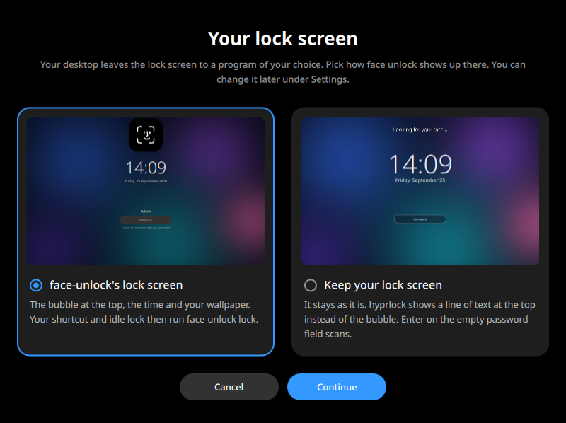 The window that asks which lock screen to use on Hyprland: face-unlock's own with the bubble, or your own hyprlock with a line of text at the top