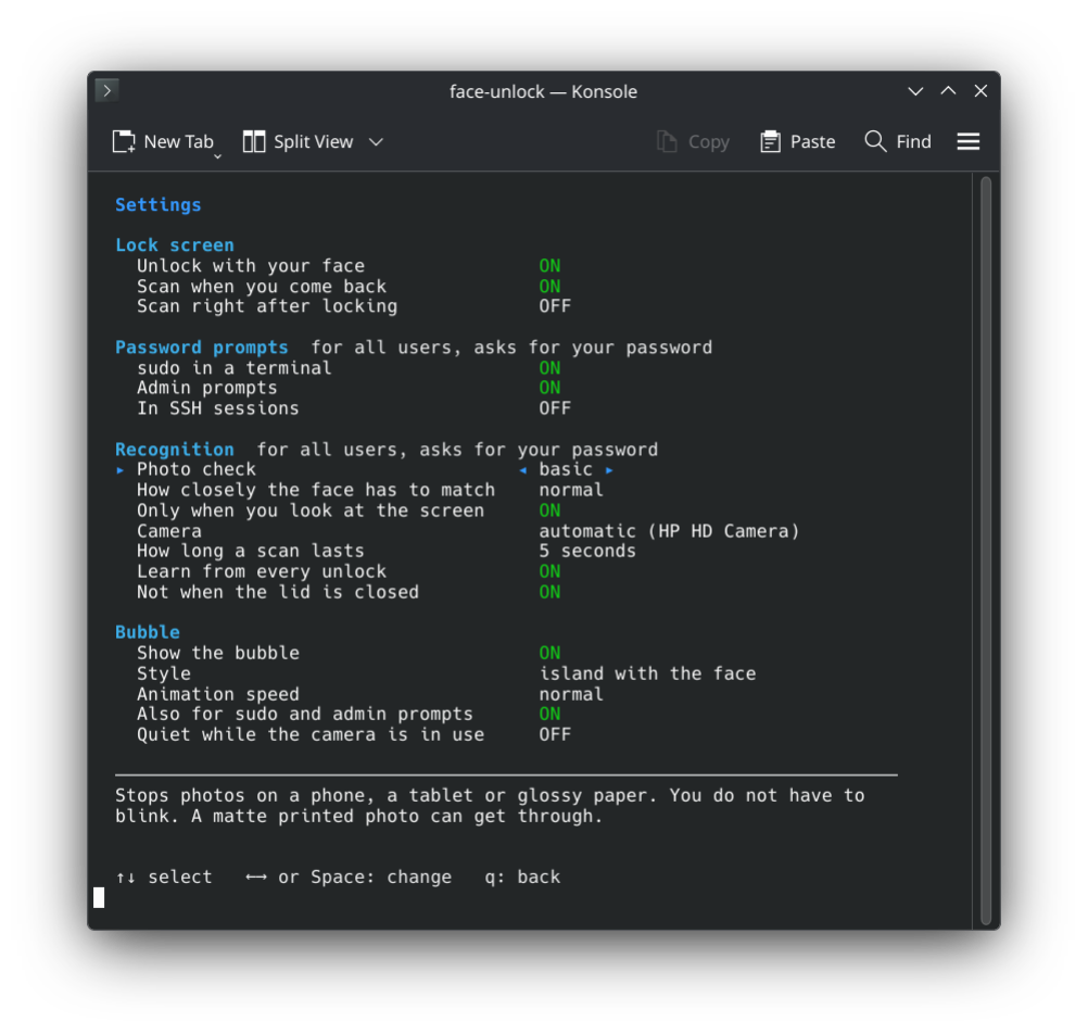 The settings in Konsole with the new rows In SSH sessions and Quiet while the camera is in use