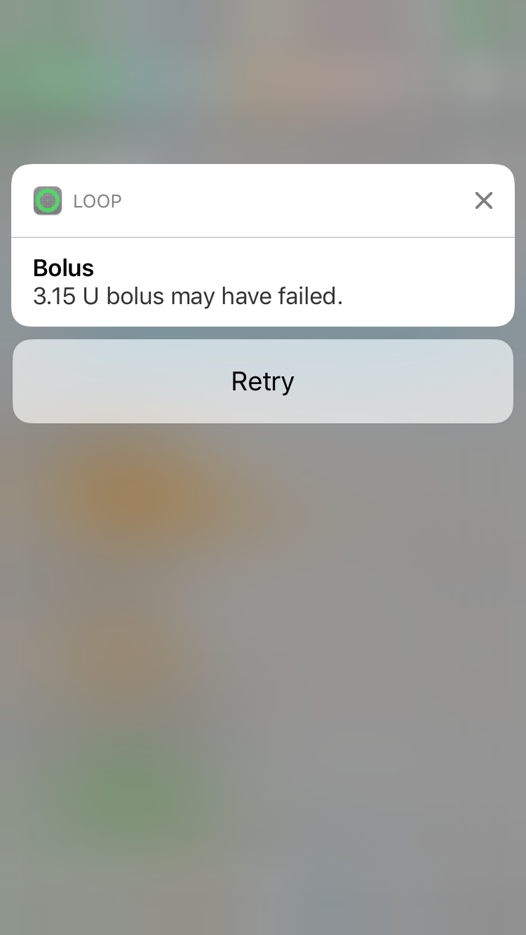 Screenshot of bolus failure notification