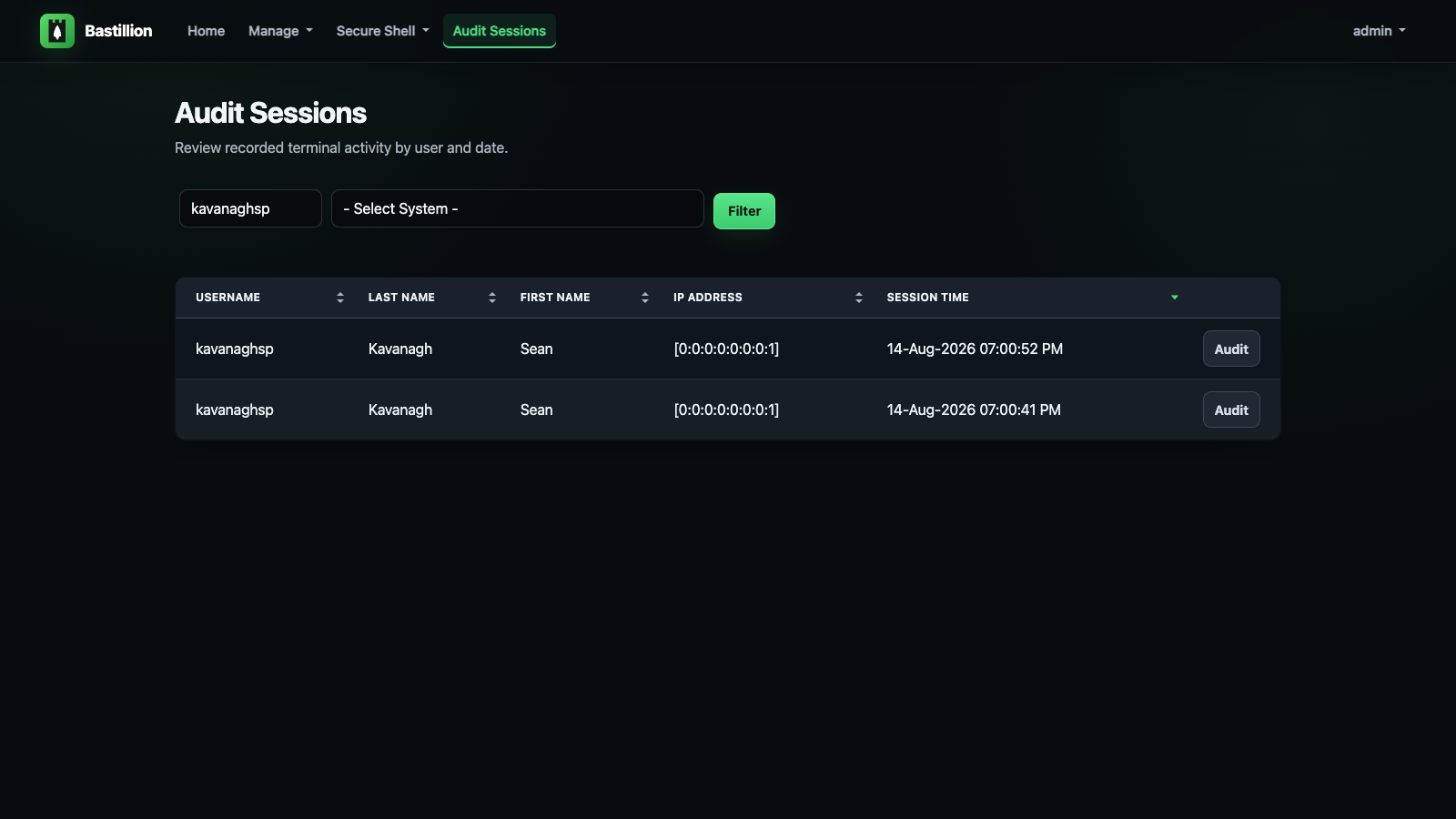 Audit sessions listed with user and system filters