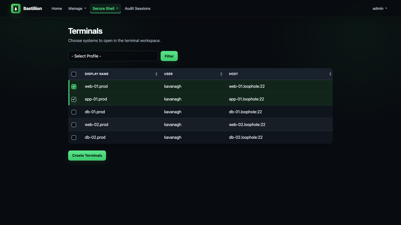 Bastillion terminal selection screen
