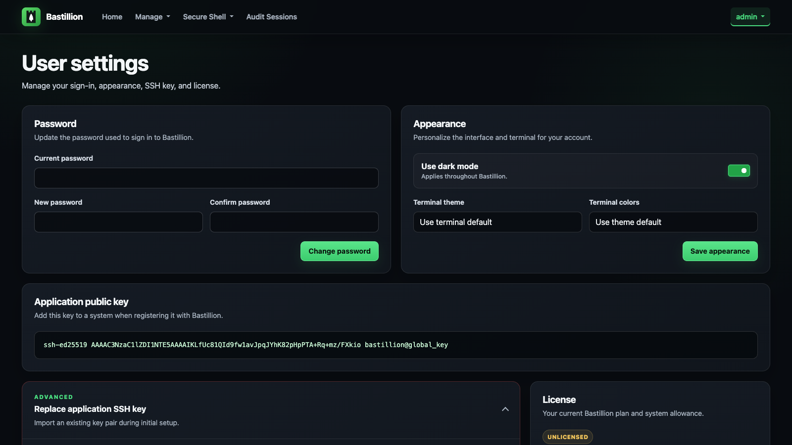 Bastillion user settings screen