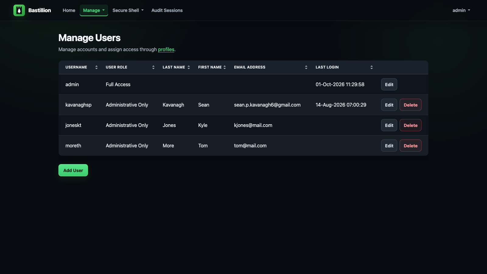 Bastillion user management screen