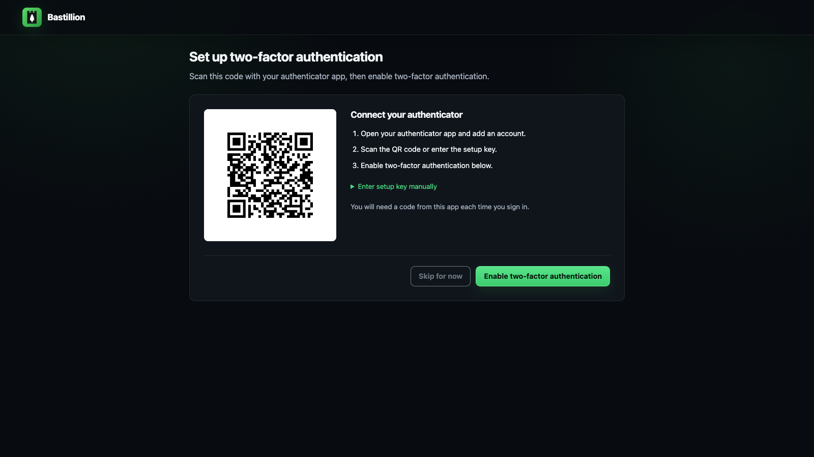 Bastillion two-factor setup screen