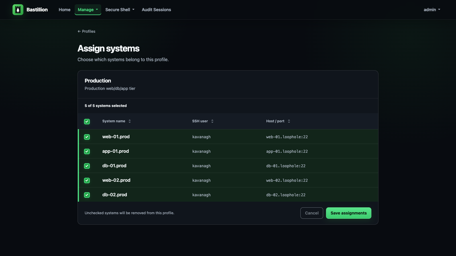 Five example systems assigned to the Production profile