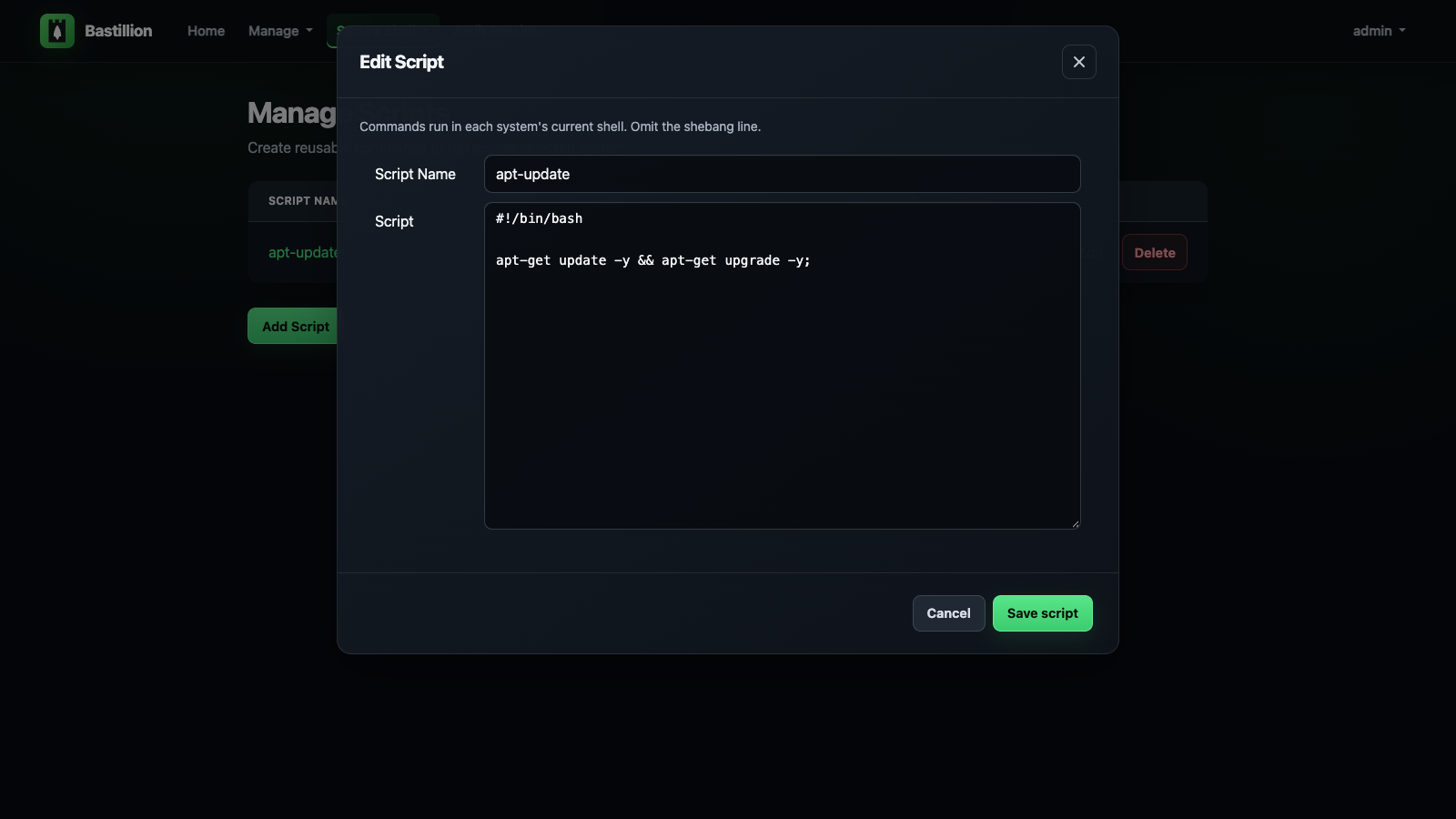 Bastillion composite script management screen