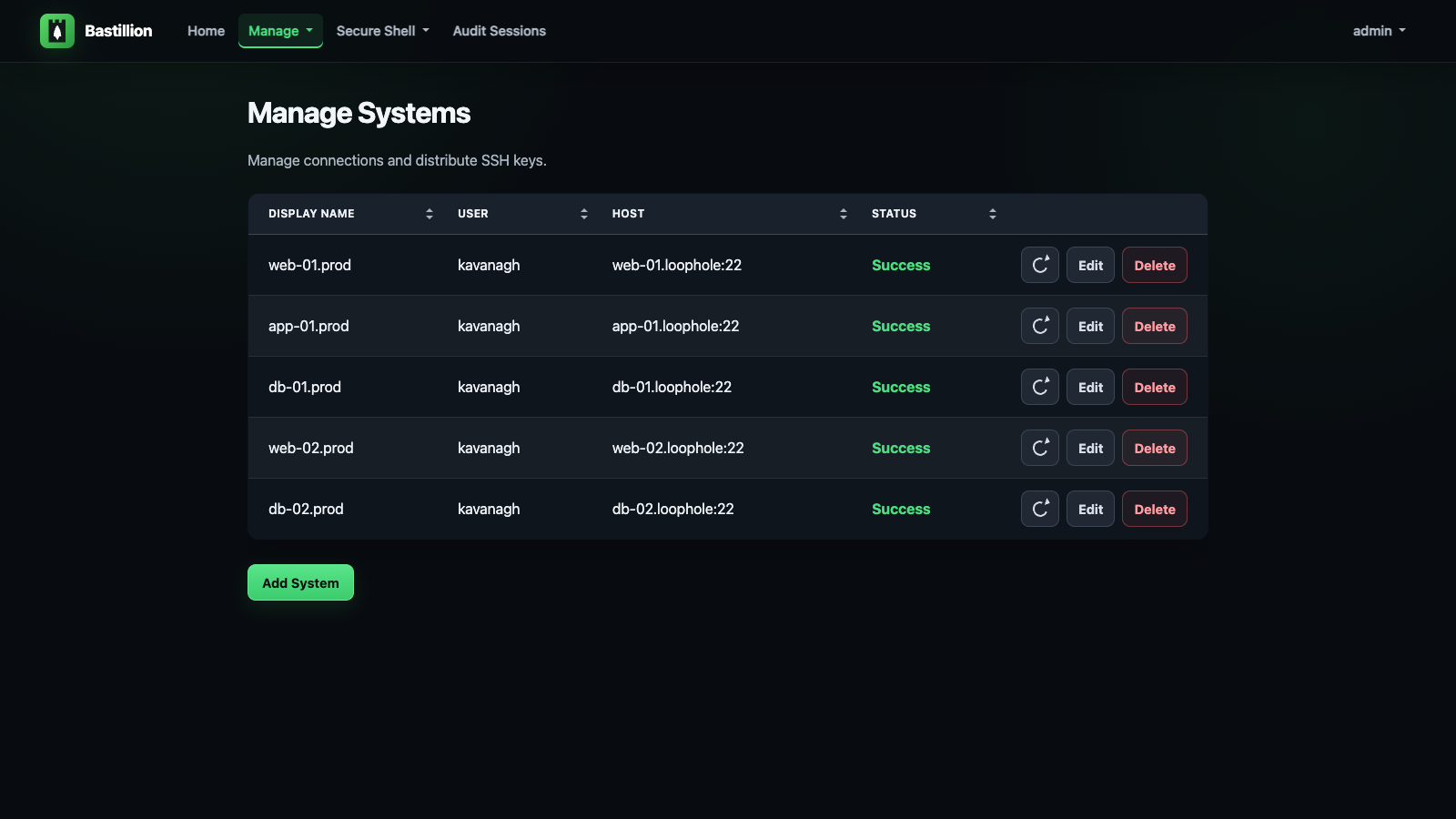 Manage Systems — five example hosts registered, all showing Success status