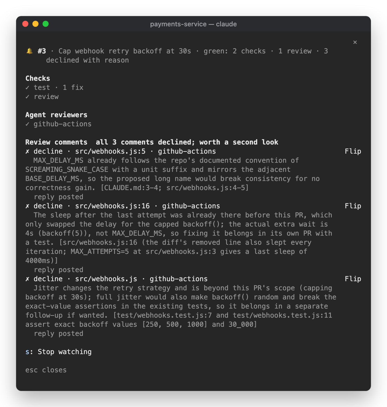 The Closing Time pane on a green PR: both checks passed after one fix, the bot reviewed the latest commit, and all three comments were declined with reasons and replies posted, with a hint that every verdict went the same way