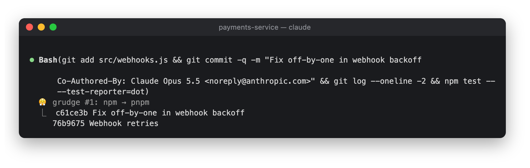 A Bash call with the note "grudge #1: npm → pnpm" under it
