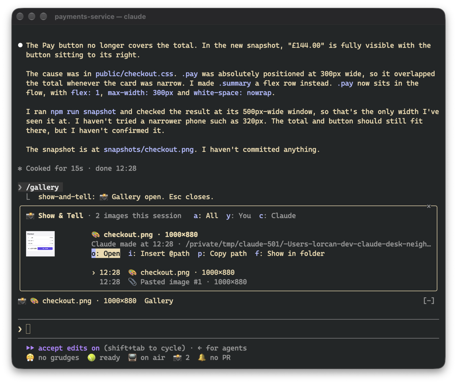 The gallery: the snapshot Claude made previewed beside its actions, with the pasted screenshot below it in the list
