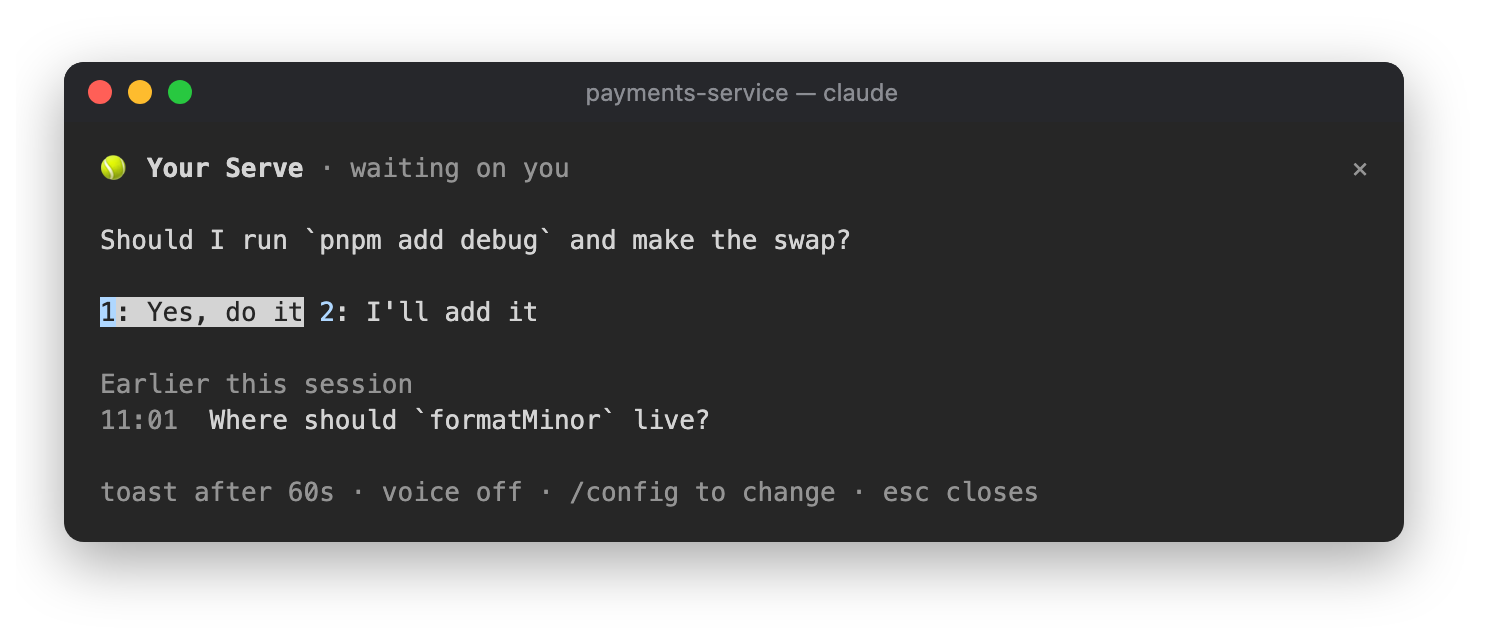 The Your Serve pane: "Should I run pnpm add debug and make the swap?" waiting, with an earlier question listed below