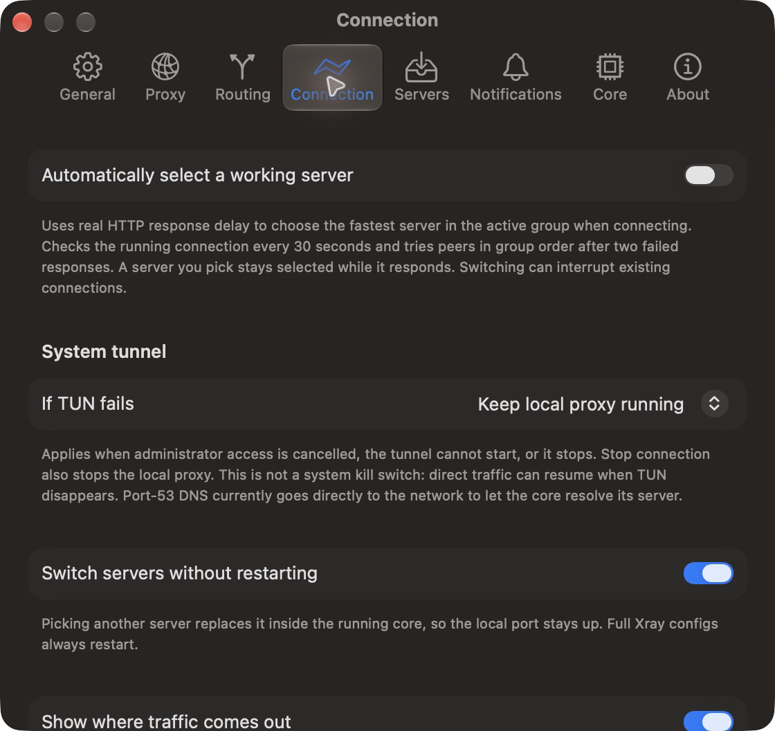 Connection settings: automatic server selection and TUN failure policy