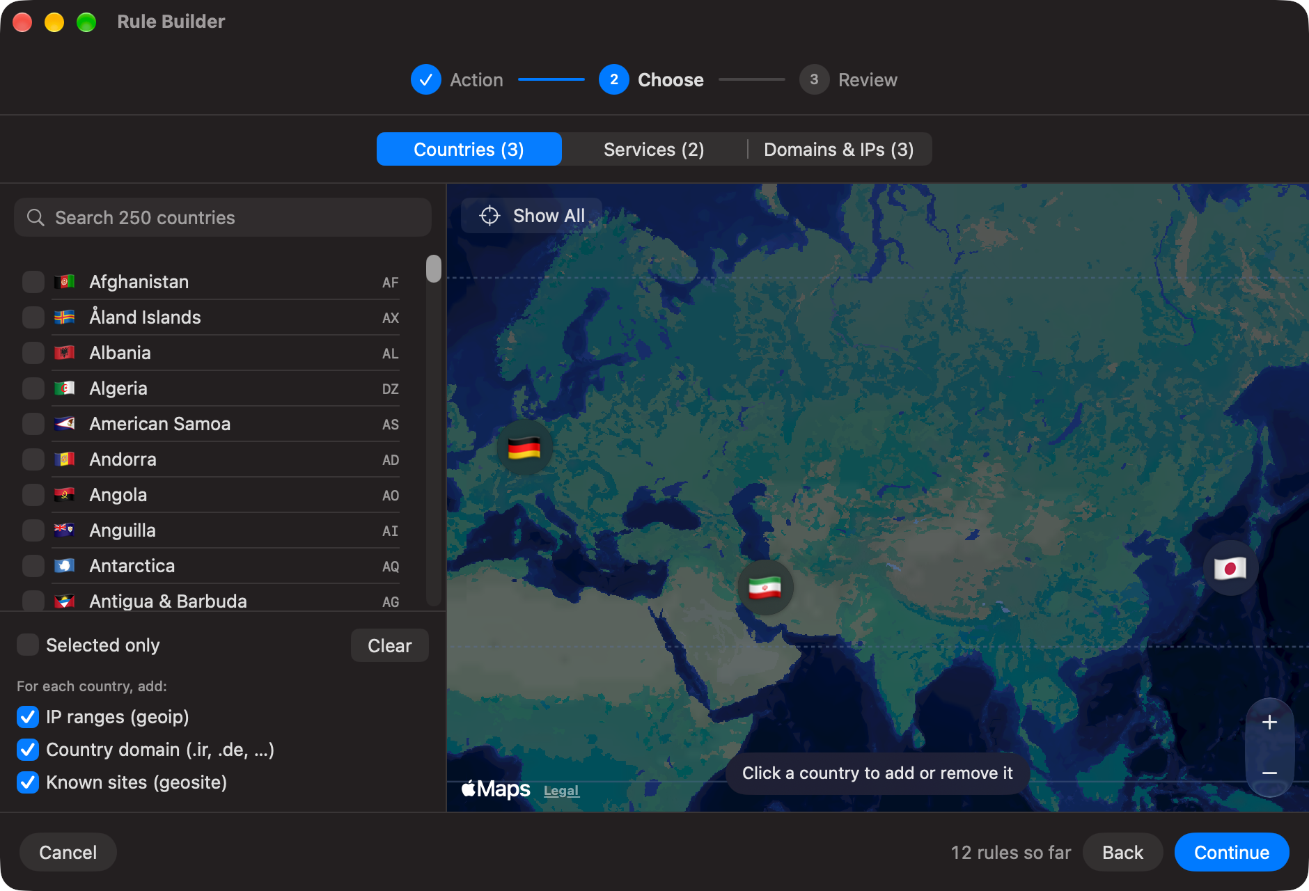 Rule Builder countries: list and world map with Germany, Iran and Japan picked