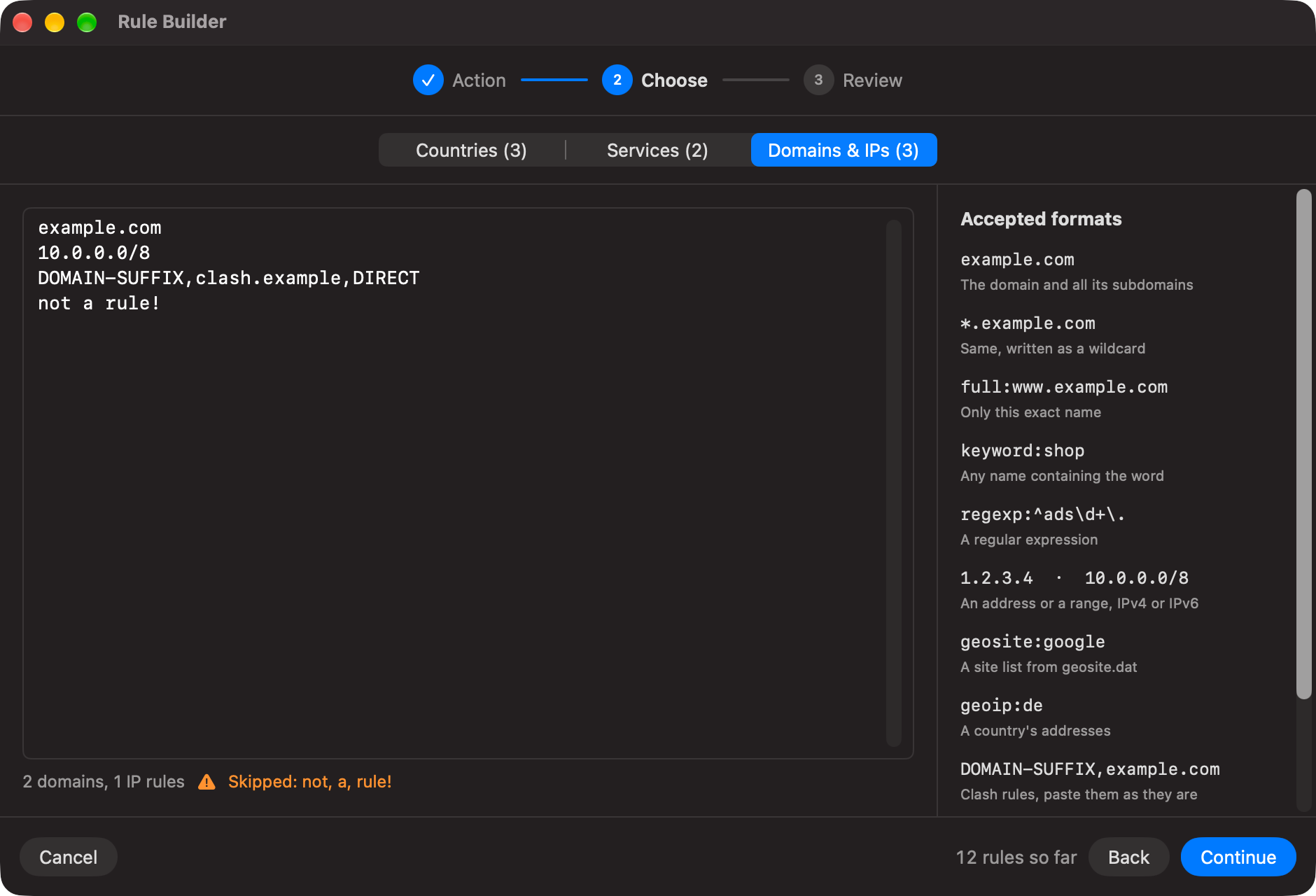 Rule Builder domains and IPs: text editor with live checking and a format guide
