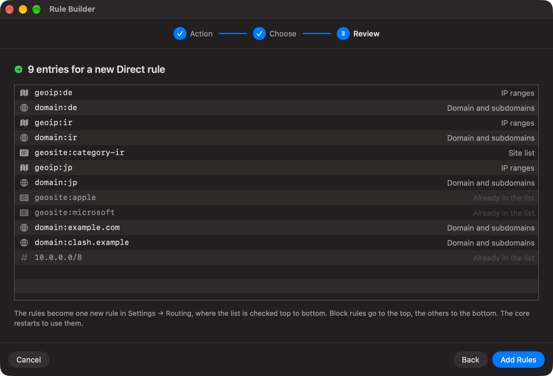 Rule Builder review: nine entries for a new Direct rule, three already in the list