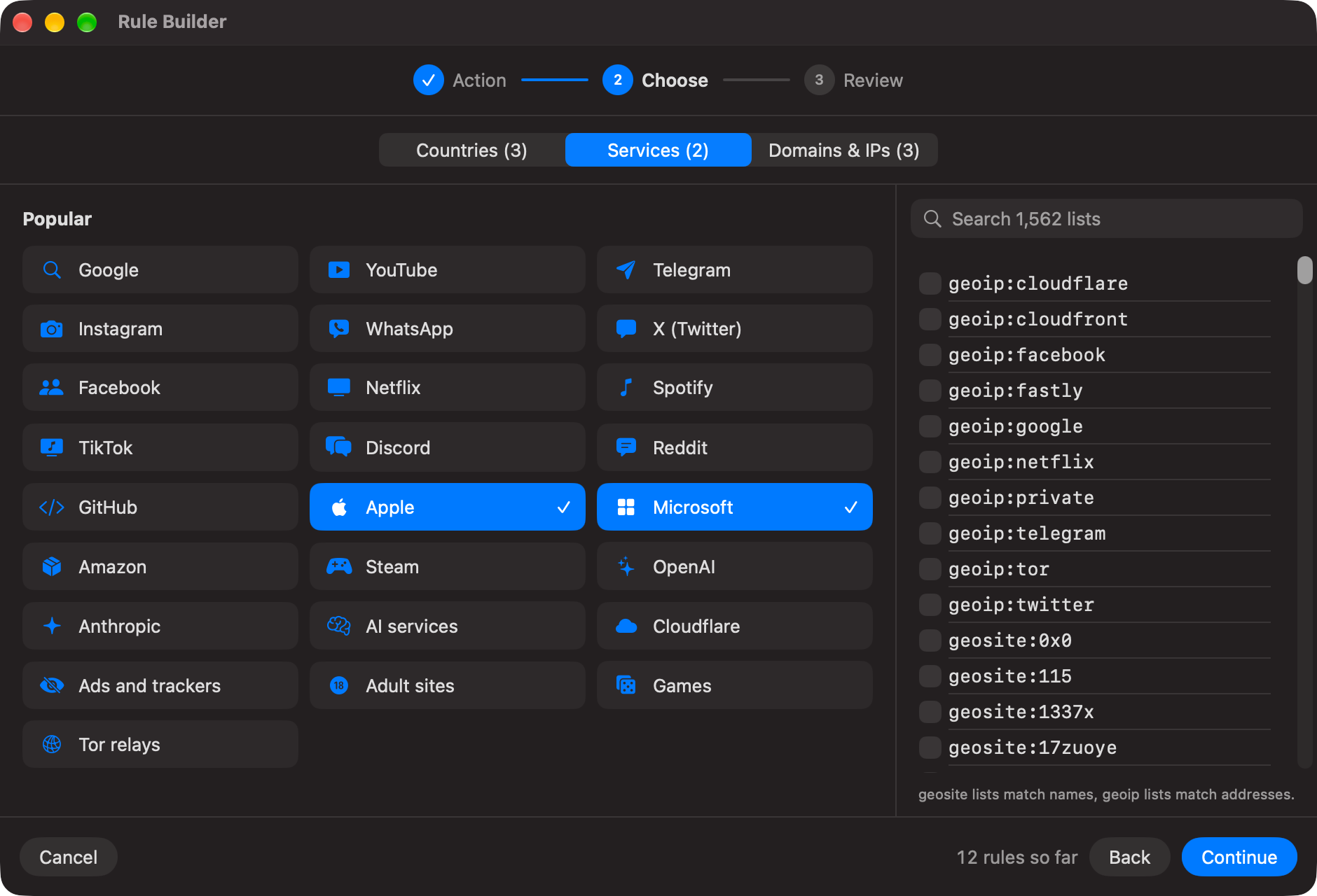 Rule Builder services: popular service tiles and a searchable list of every geosite and geoip list