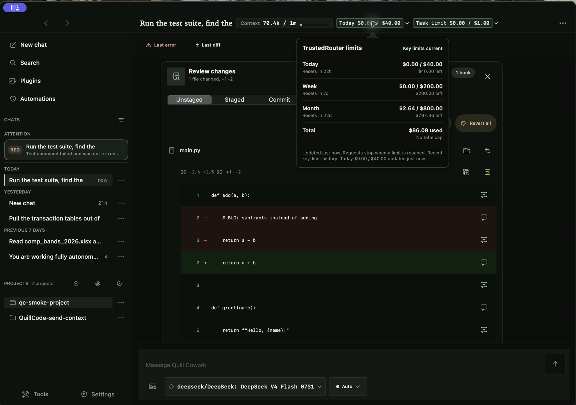 Quill Cowork showing a code review with TrustedRouter billing limits expanded