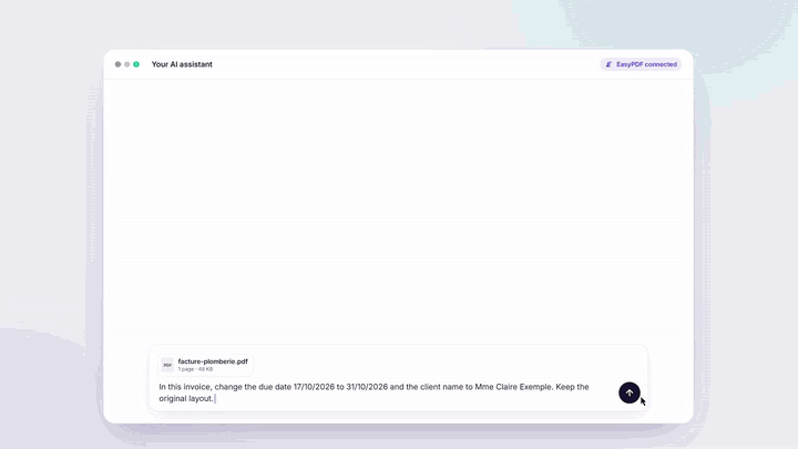 EasyPDF demo: an invoice edited in place from an AI assistant