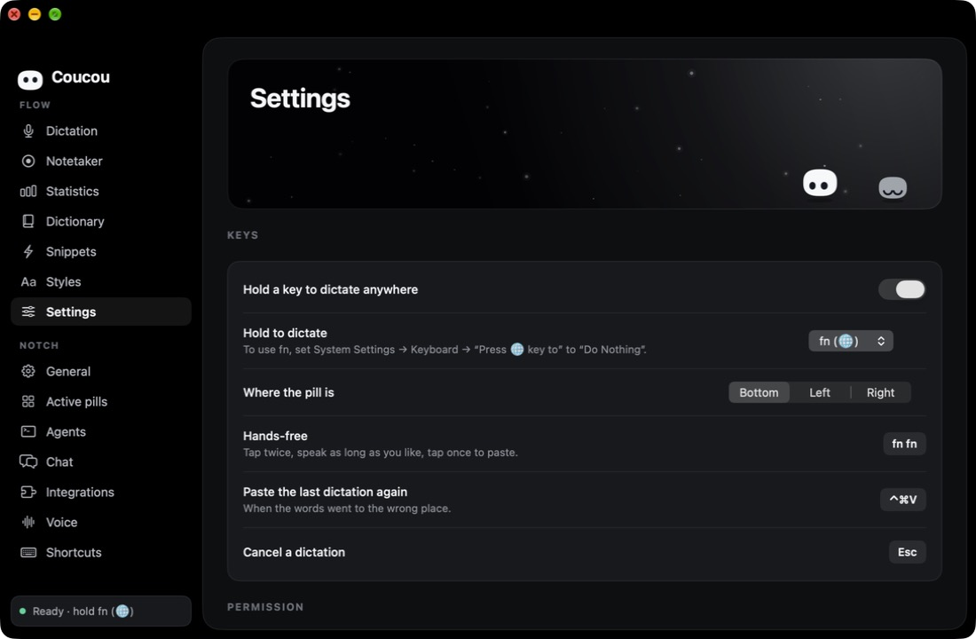 Settings: the key to hold, where the pill is, hands-free, paste again and cancel