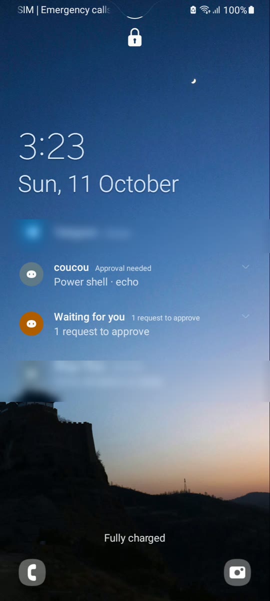 The lock screen: Approval needed, the command hidden