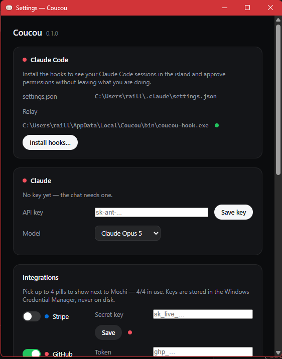 The settings window