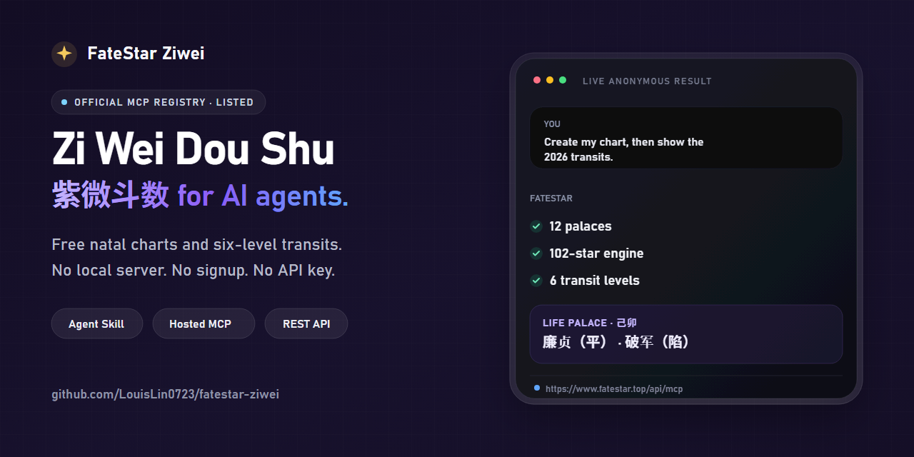 FateStar Ziwei Agent Skill, hosted MCP, and REST API preview