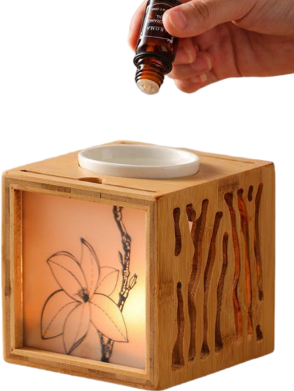 Bamboo wax oil warmer with wooden frame and ceramic dish for wax melts and fragrance oil