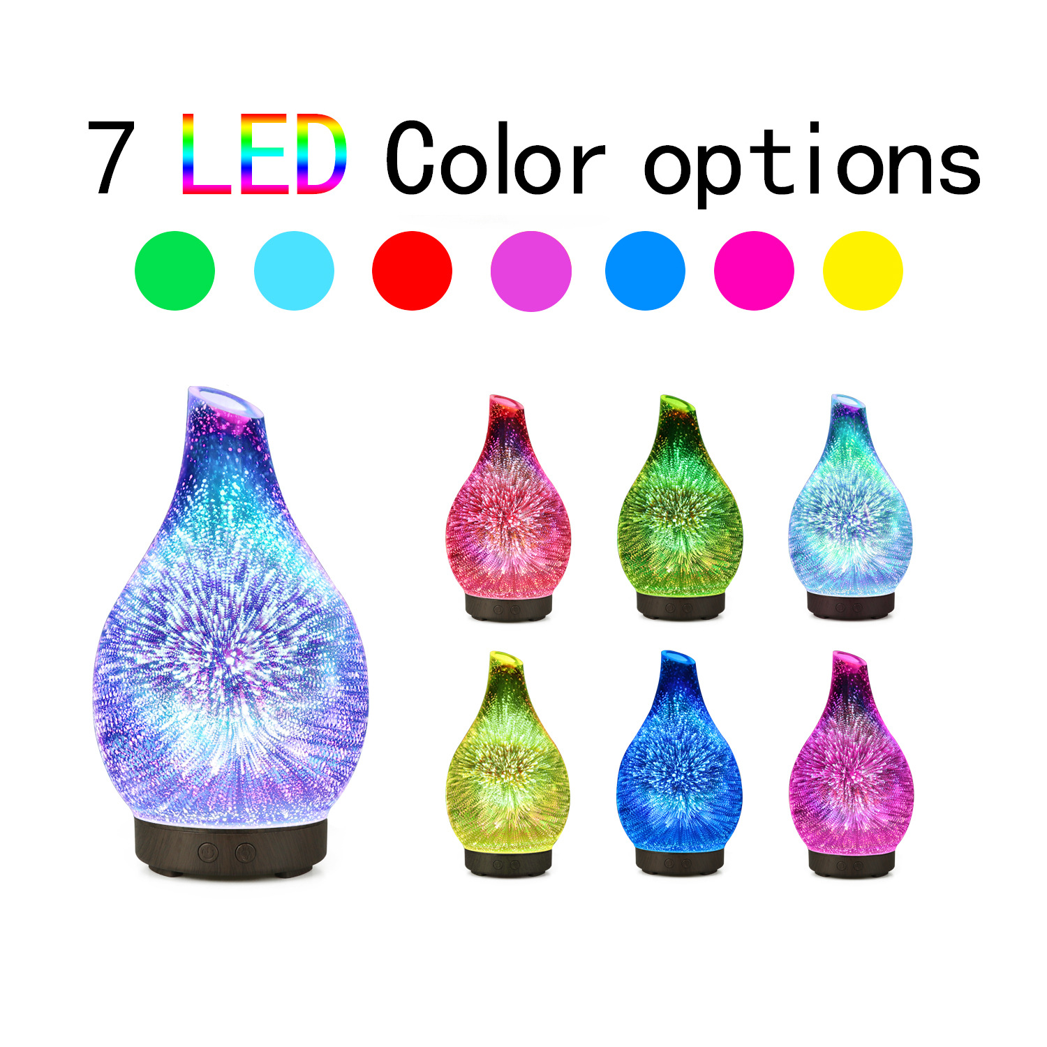 Glass aroma diffuser collection with multiple color and LED light options