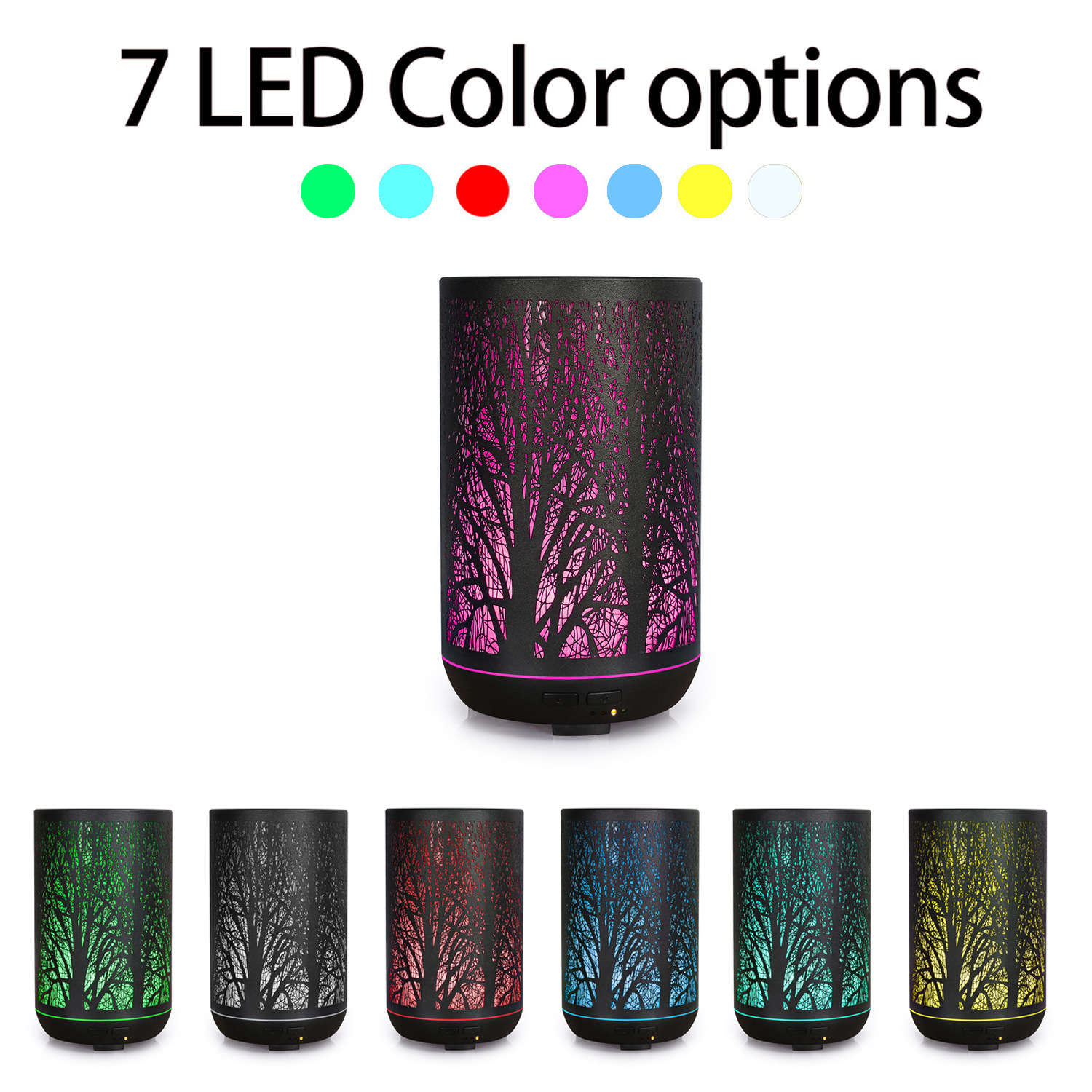 Metal aroma diffuser with decorative light effect and 7 LED color options