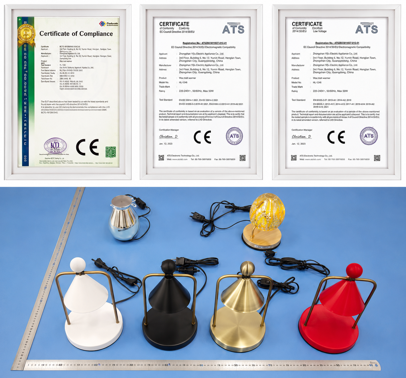 Testing report and certification documents for export-ready wax warmer products