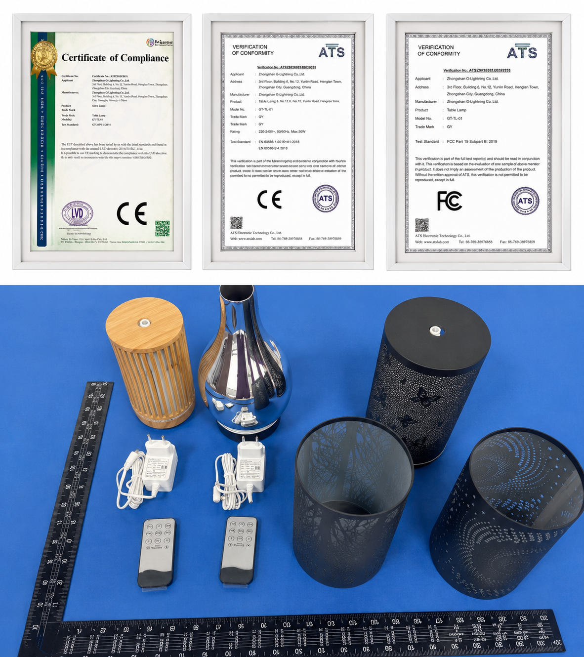 Certificate samples and product testing images for wax warmer and aroma diffuser compliance