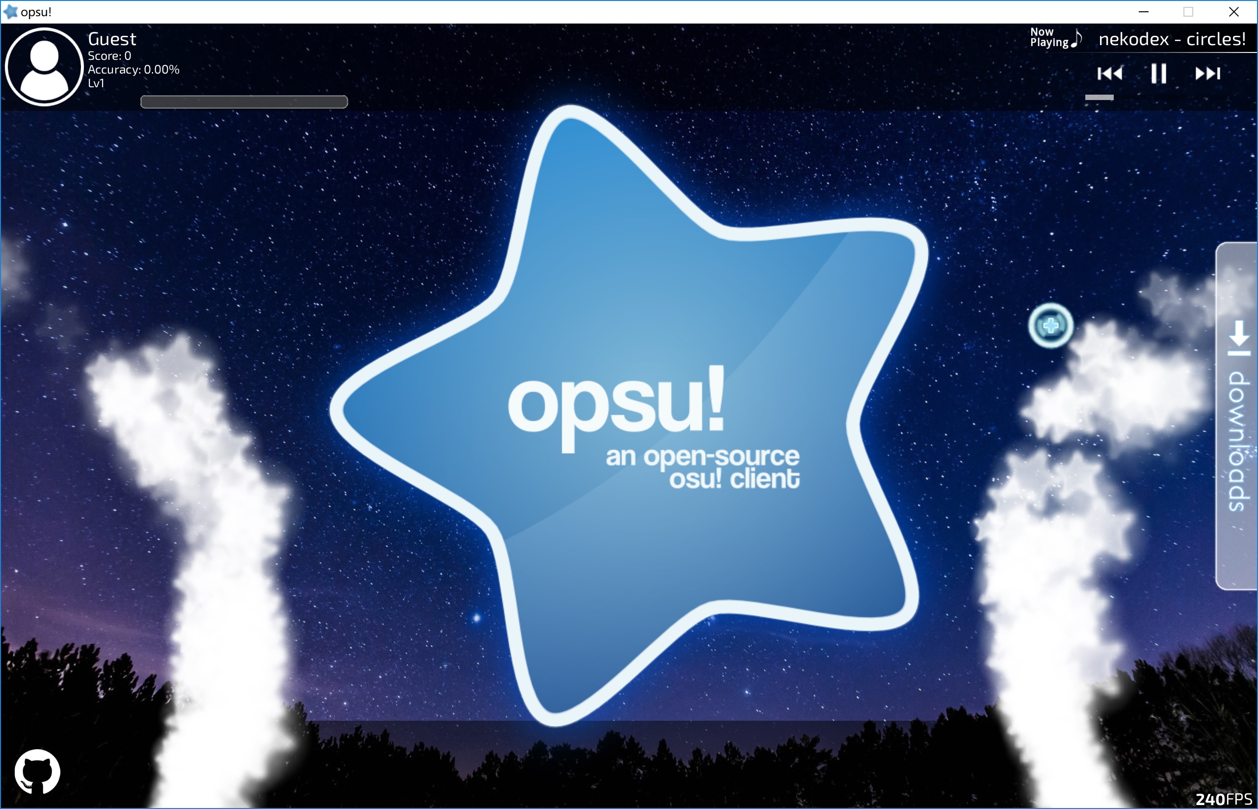 opsu! 0.16 Main Menu - Please notice that the default theme music is NOT Circles by Nekodex!
