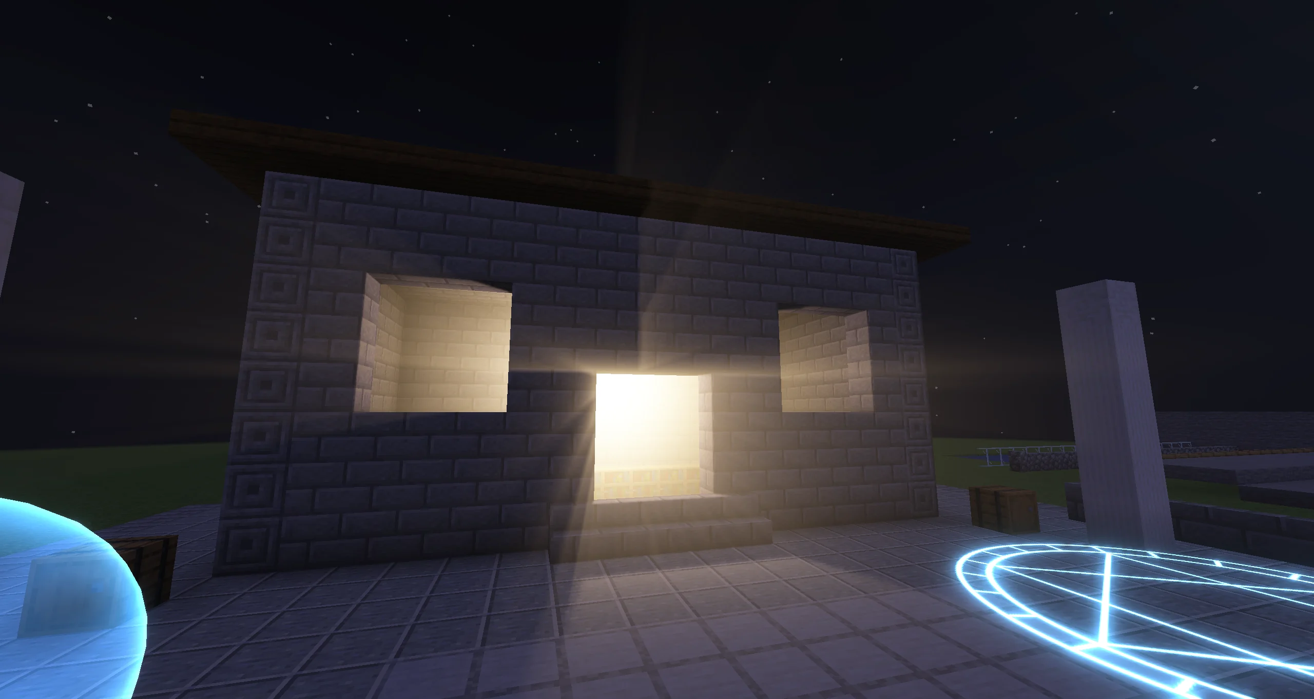 Light shafts from a temple doorway through a low fog volume