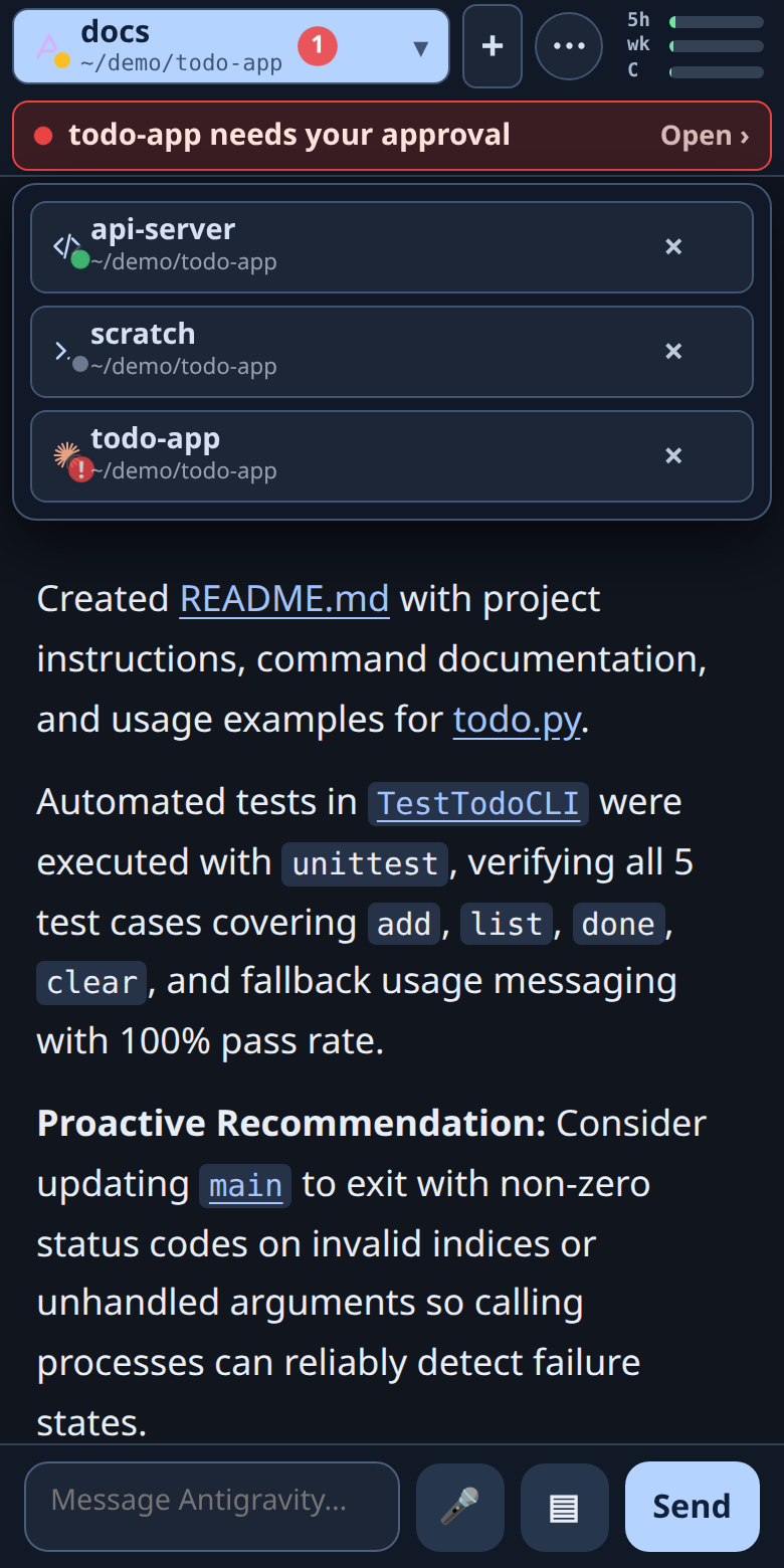 Session switcher with Codex working, Claude waiting for approval and Antigravity idle