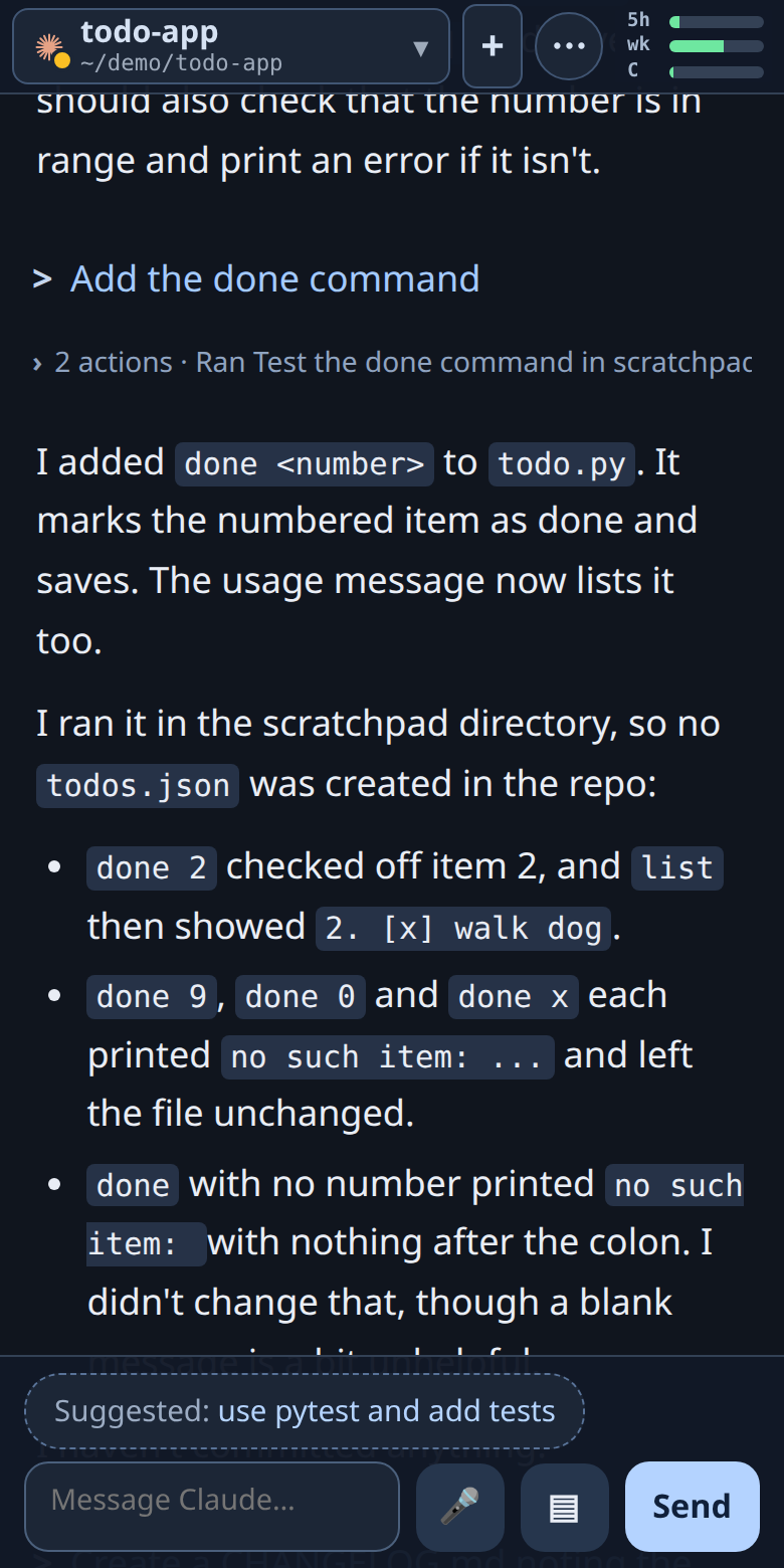 Claude Code chat with a collapsed list of actions