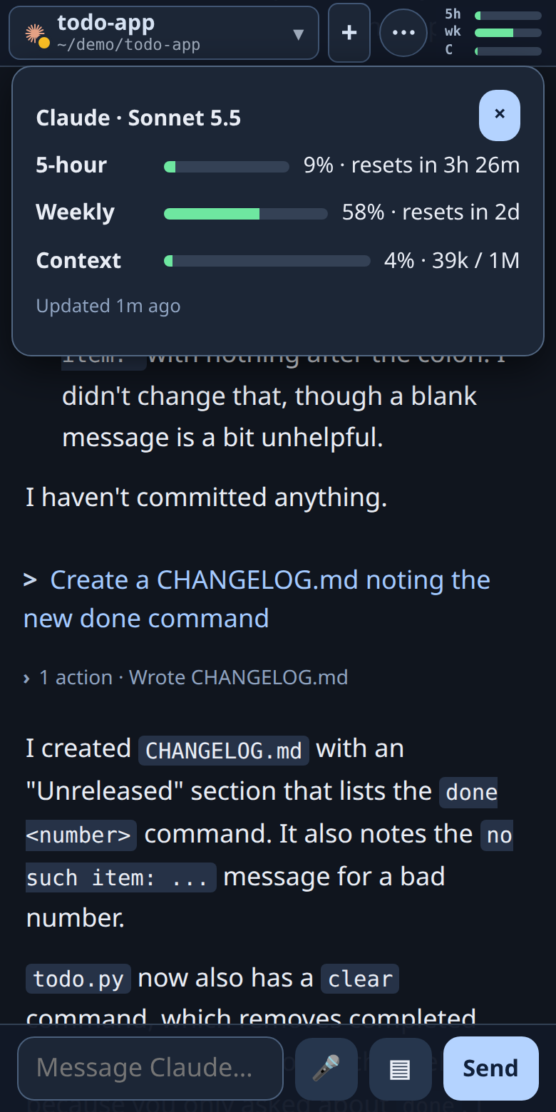 Usage popup with 5-hour, weekly and context meters